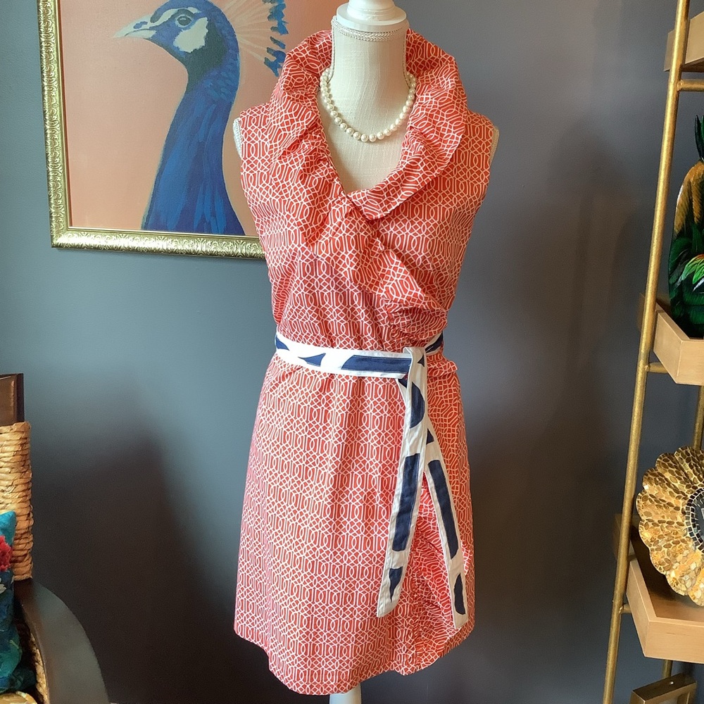 Coral Geo-Print Mini Dress with Cowl Neck and Contrast Sash